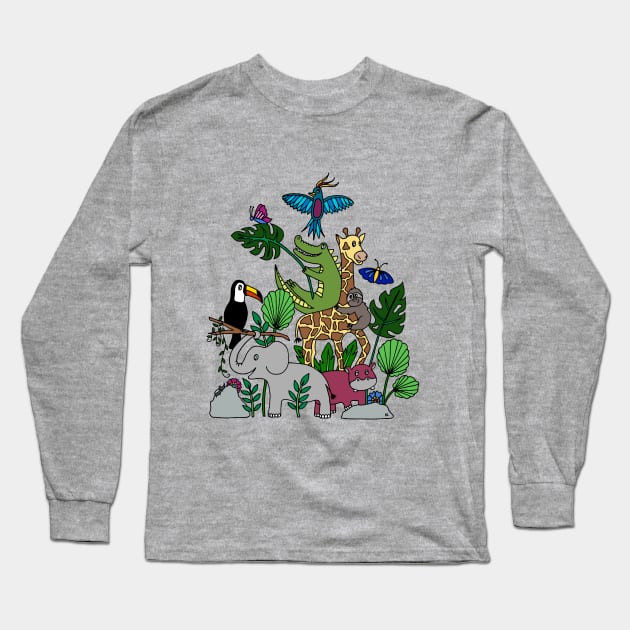 Jungle Animals Pileup Long Sleeve T-Shirt by HLeslie Design